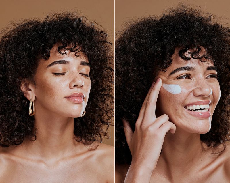 Women with melasma who is shown using a topical treatment happily