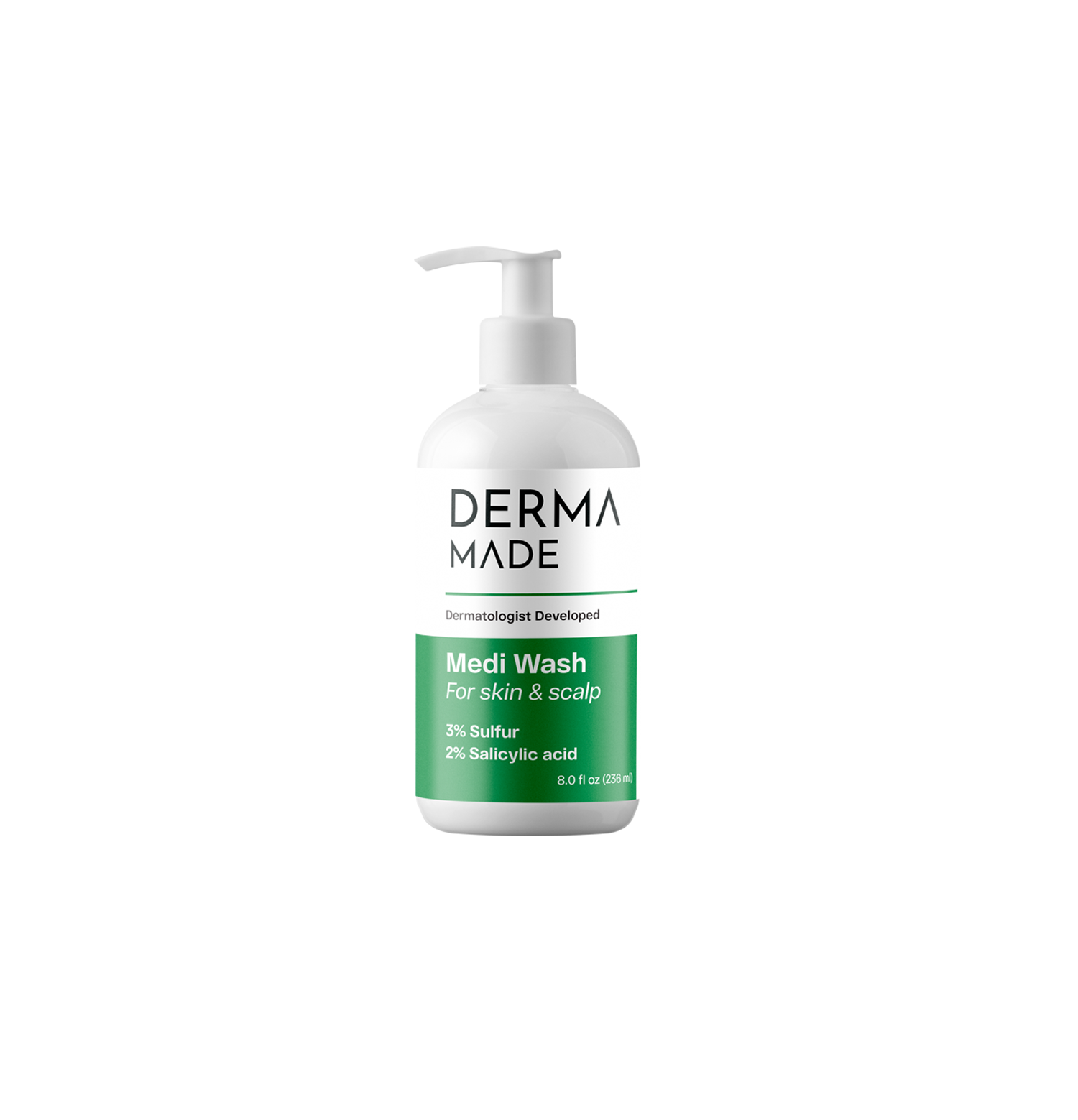 Derma Made Medi wash bottle for skin and scalp. Contains sulfur and salicylic acid
