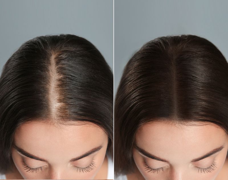 Before and after hair loss treatment for woman close up of scalp change
